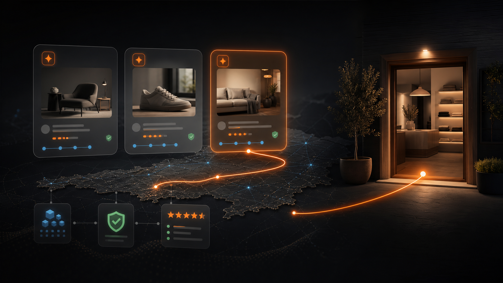 KI-Discovery-Motiv mit regionaler Shop-Empfehlung und eigenem Checkout