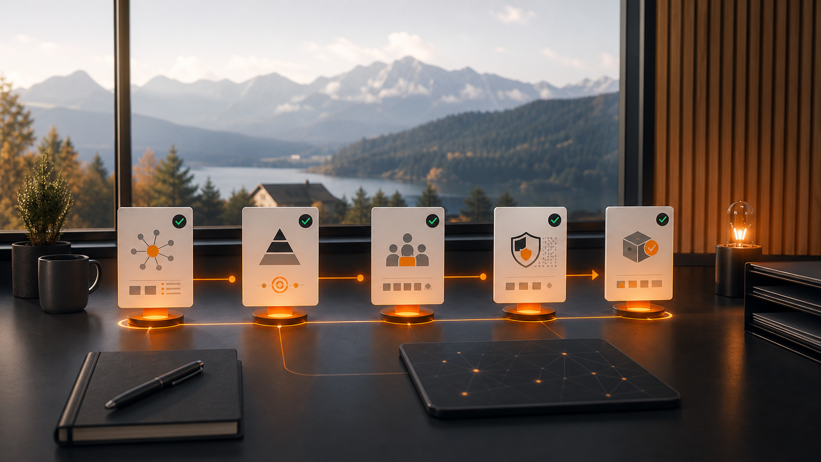 Reduziertes Workflow-Motiv für den 90-Tage-Plan zur EU-AI-Act-Umsetzung in KMU