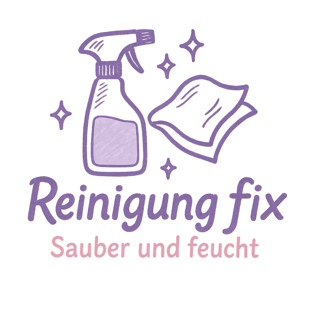 organic hand-drawn logo for a brand called ‚Reinigung fix‘ with the tagline ‚Sauber und feucht‘ with primary color Lila and secondary color Rosa