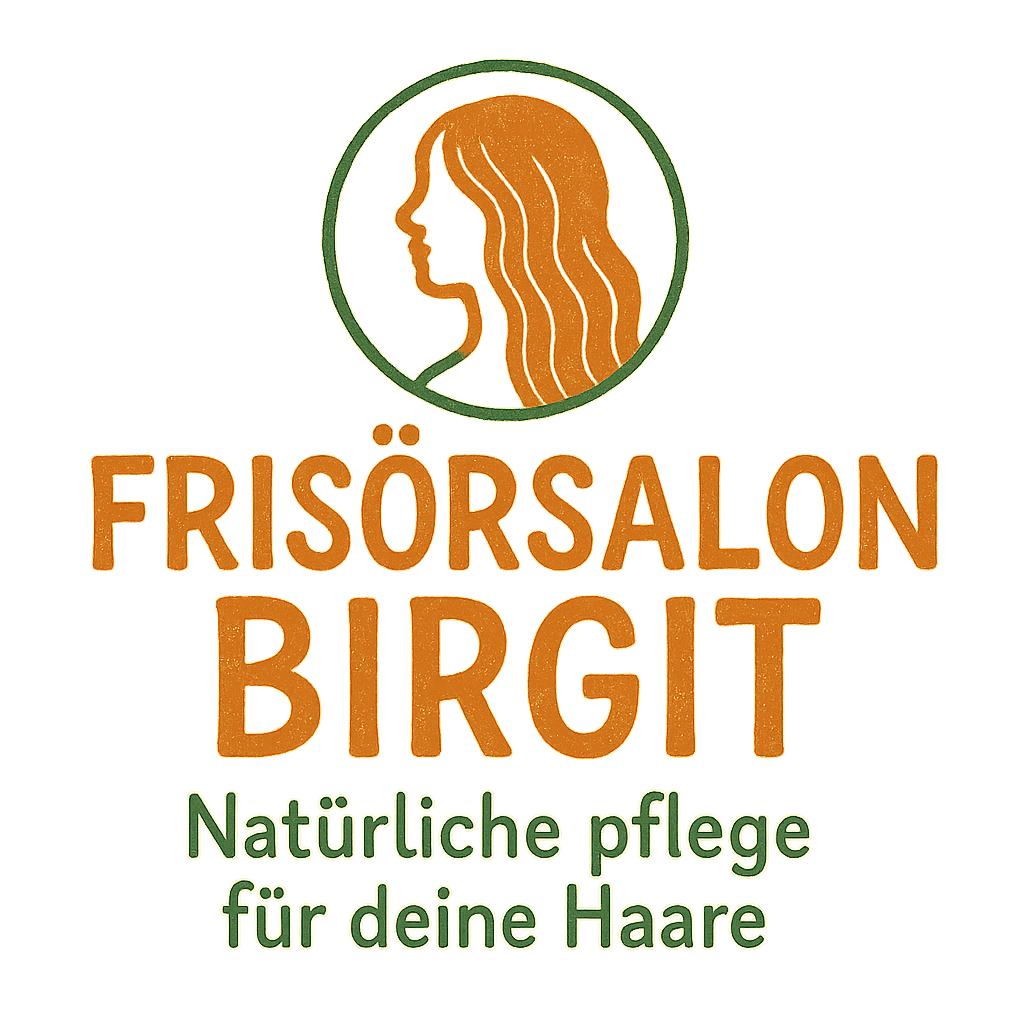 organic hand-drawn logo for a brand called ‚Frisörsalon Birgit‘ with the tagline ‚Natürliche pflege für deine Haare‘ with primary color Orange and secondary color Grün. Keywords: In Wien nachhaltige Produkte und moderne frisuren