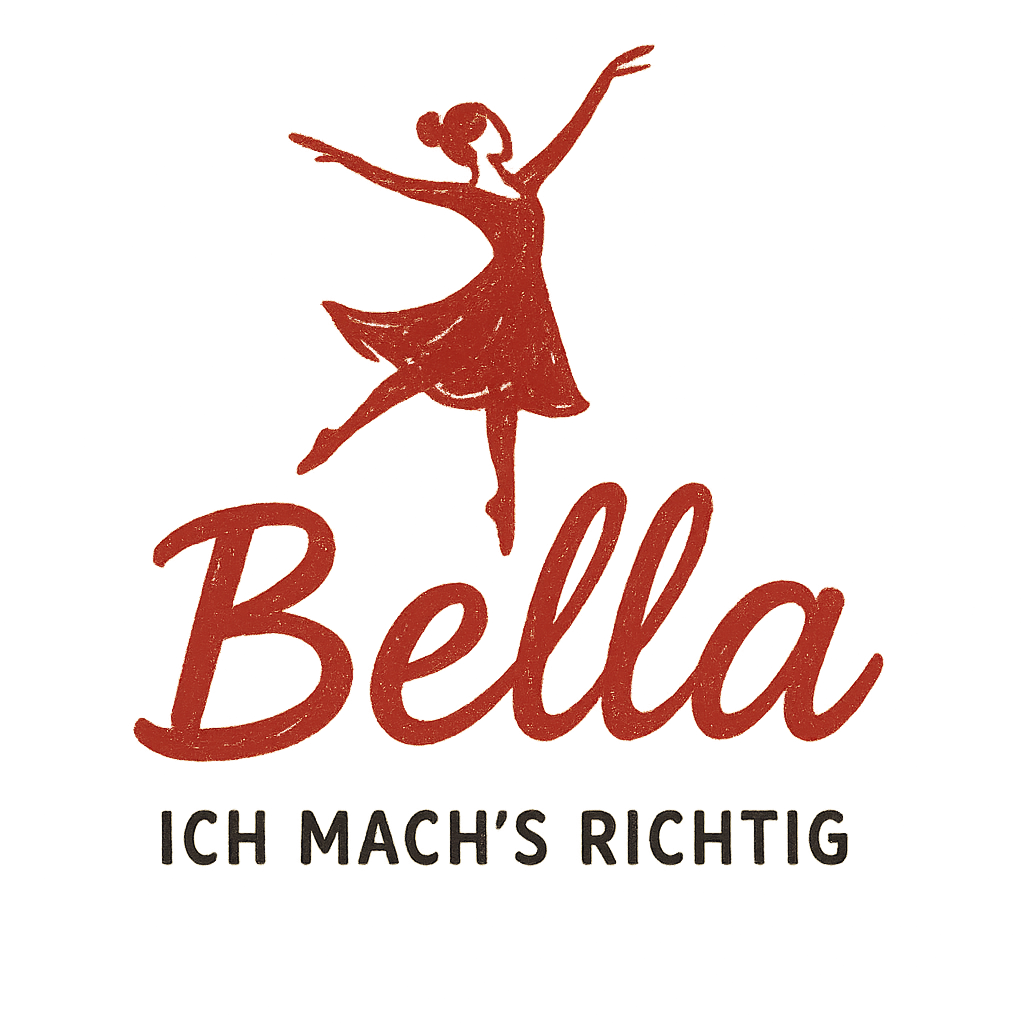 Logo generiert mit Prompt: organic hand-drawn logo for a brand called 'Bella' with the tagline 'Ich mach's richtig' with primary color Rot and secondary color Schwarz. Keywords: Tänzerin