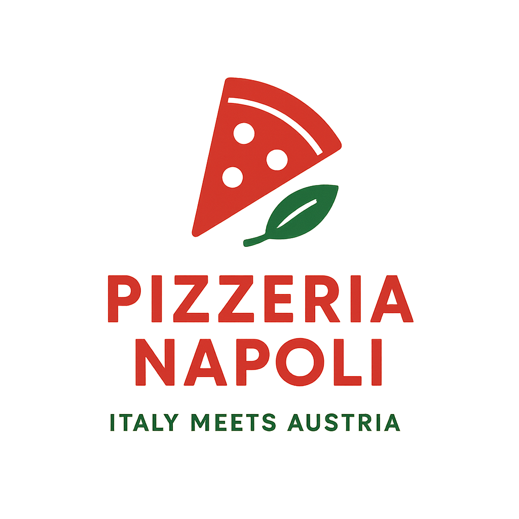 Logo generiert mit Prompt: modern minimal vector logo for a brand called 'Pizzeria Napoli' with the tagline 'Italy meets Austria' with primary color rot and secondary color grün. Keywords: bio pizzeria in salzburg