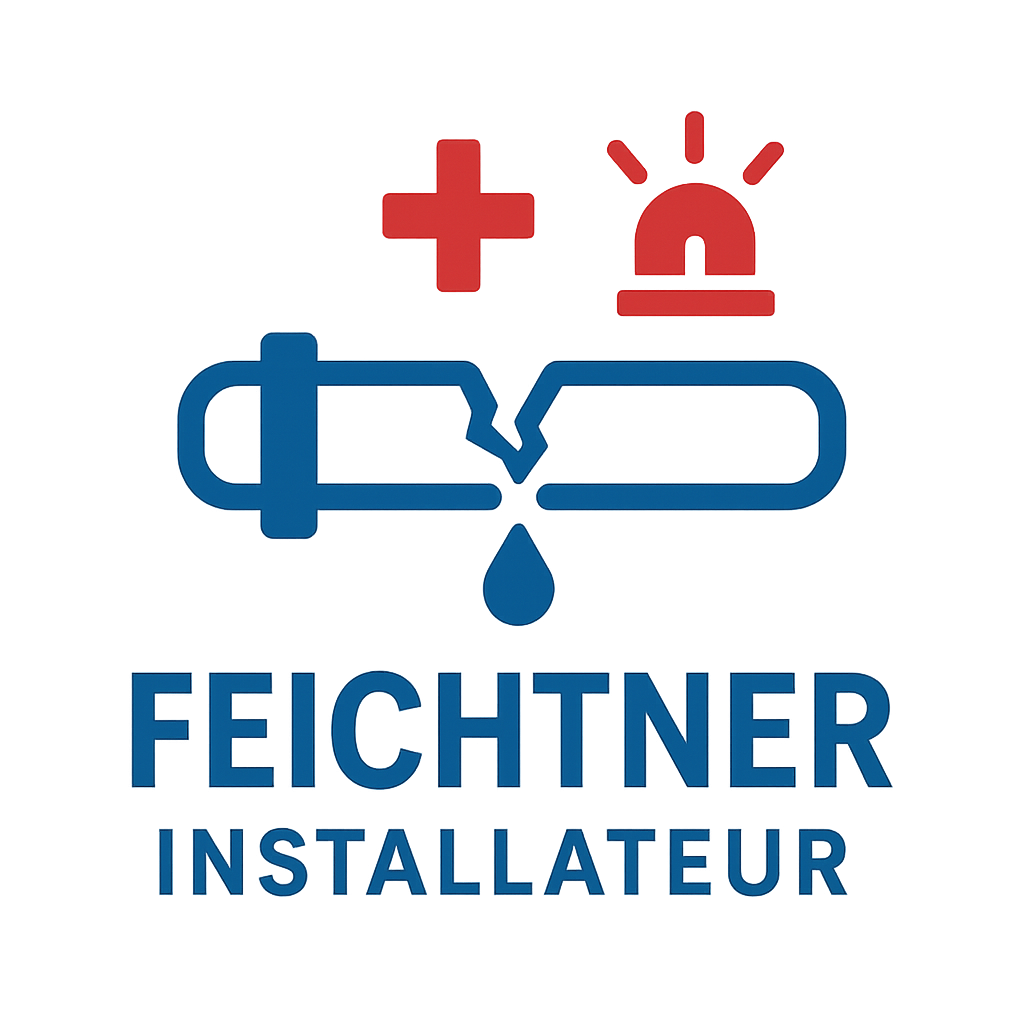 Logo generiert mit Prompt: modern minimal vector logo for a brand called 'Feichtner Installateur' with primary color blau and secondary color rot. Keywords: Rohrbruch Notdienst mit symbolen darstellen